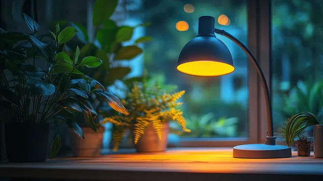Warm desk lamp lights a minimalist desk with potted plants against a softly blurred blue evening background.