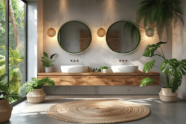 Minimalist double bathroom with wooden countertop, two round mirrors, concrete floor, and potted plants around the vanities.