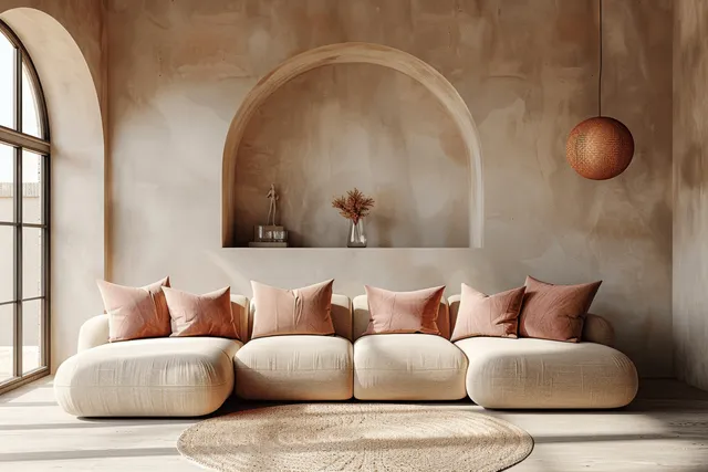 Beige sofa with pink pillows sits against a stucco wall beside an arched window niche and round pendant light.