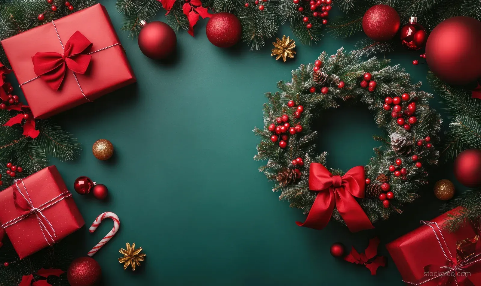 Christmas wreath with red ribbons, surrounded by wrapped gifts and red ornaments on a teal background.