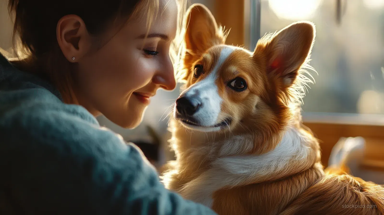 A veterinarian in blue cuddles a Pembroke Welsh Corgi in a warm indoor clinic room after treatment.