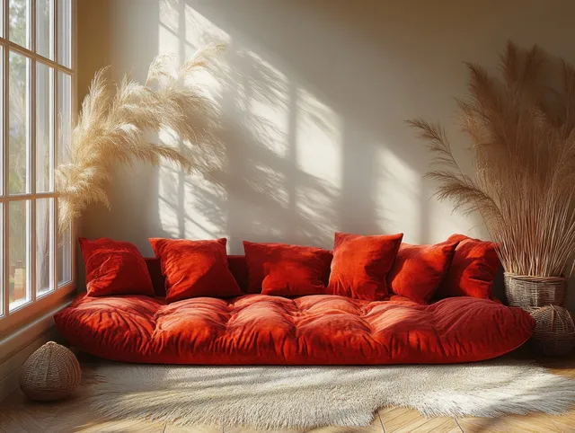 Sunlit living room with a red sofa and a blank framed poster space on the wall.