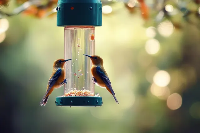 Two colorful birds perch on opposite sides of a hanging transparent feeder filled with seeds against a blurred outdoor background.