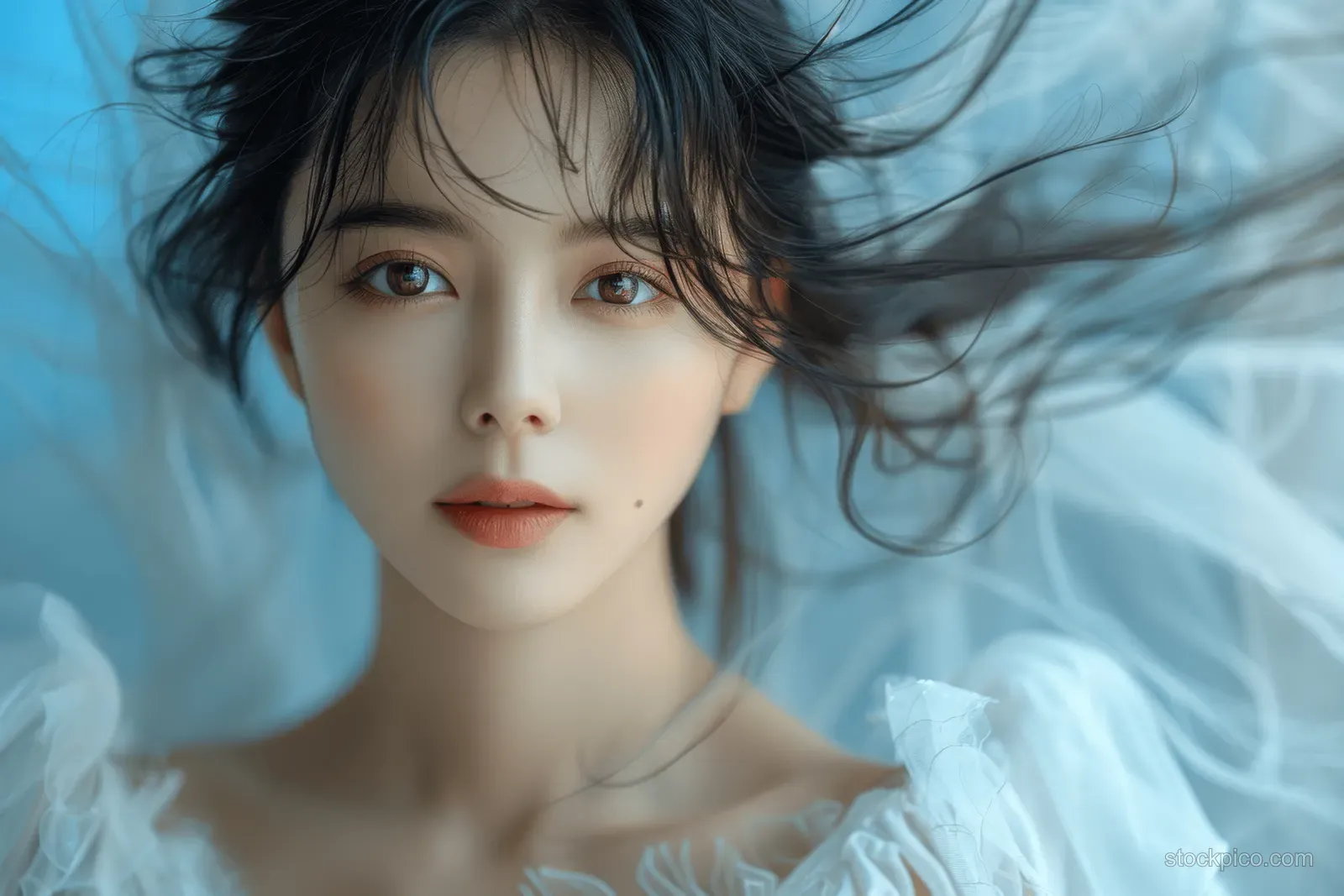 Asian woman in a white dress sits against a light blue background, with softly lit flowing hair and a gentle smile.