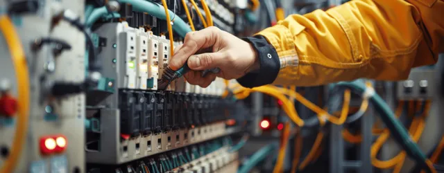Electrician testing circuit protection panel, adjusting wiring terminals with glowing status LEDs