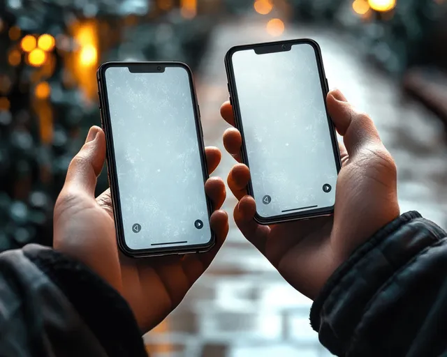 Two people’s hands hold smartphones with blank displays and navigation arrows in an evening street scene with bokeh lights.
