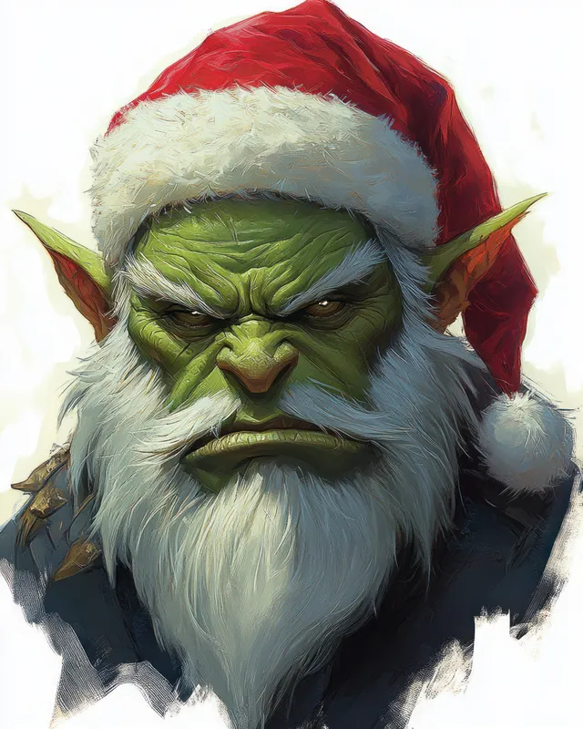 Green-skinned angry fantasy creature with pointed ears wears a tattered red Santa hat and thick white beard in a close-up portrait.