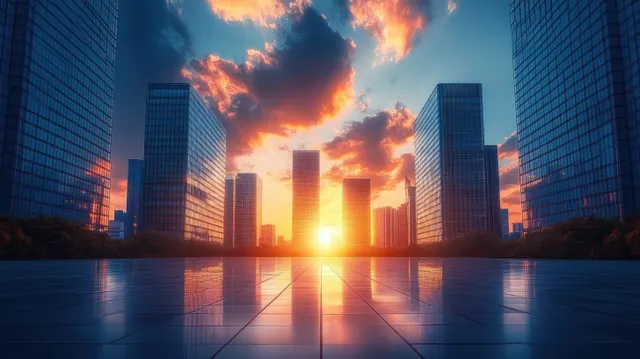 Sunset skyline with skyscrapers reflecting on water under swirling dramatic clouds