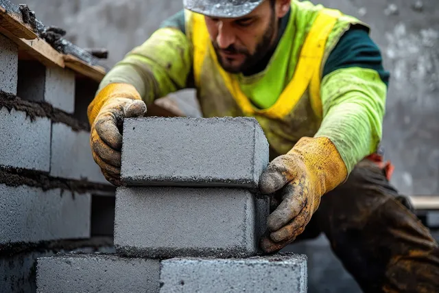 Construction worker in high-visibility jacket placing concrete blocks for a masonry wall