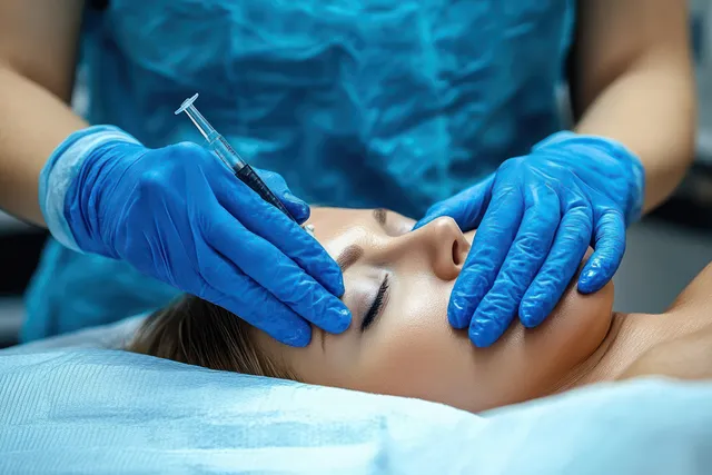 Gloved hands guide a fine needle for mesotherapy injection on a patient’s face on a treatment bed.