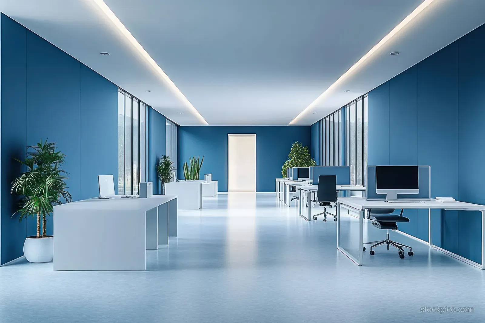 Bright open office corridor with blue walls, white desks holding computers, and green plants under soft ceiling lights.