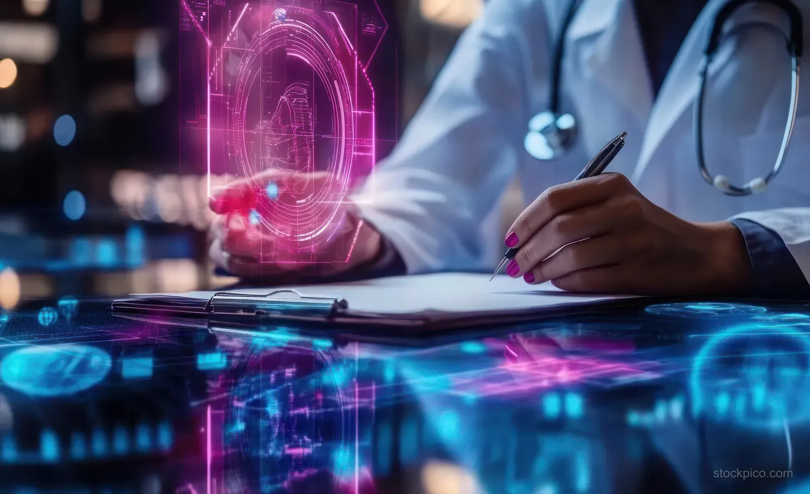A doctor reviews a glowing holographic brain-health interface over a cyberpunk medical console with data projections.