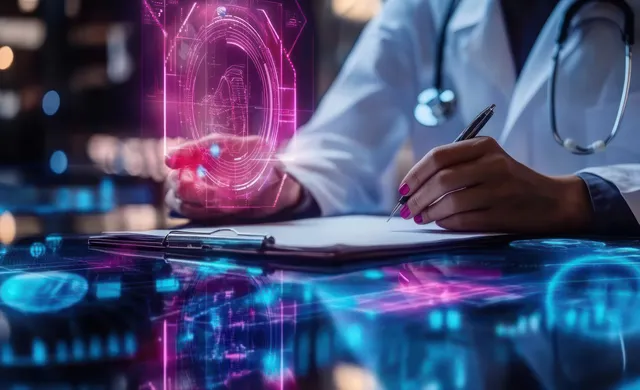 A doctor reviews a glowing holographic brain-health interface over a cyberpunk medical console with data projections.