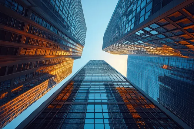 Low-angle view of reflective glass skyscrapers with warm sunlight patterns against a clear blue sky.