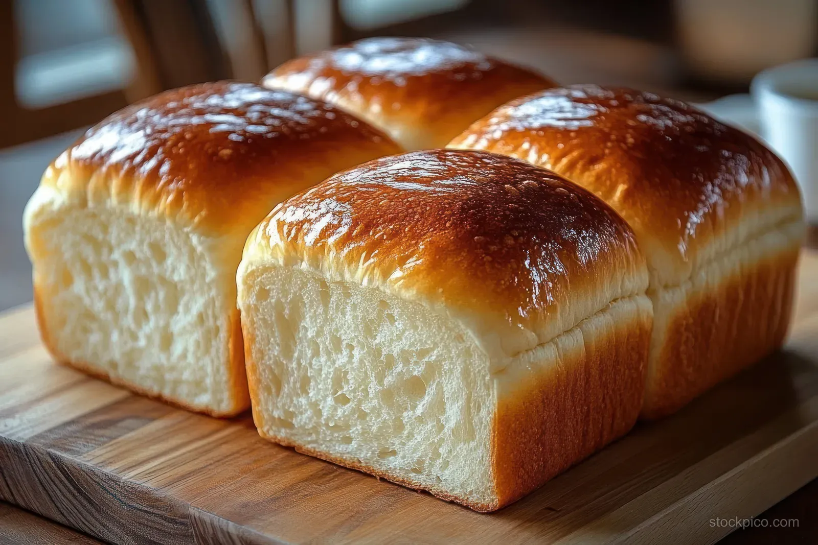 Four golden-brown bread rolls with a glossy crust rest on a wooden cutting board in warm indoor light.