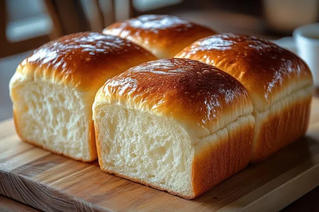 Four golden-brown bread rolls with a glossy crust rest on a wooden cutting board in warm indoor light.