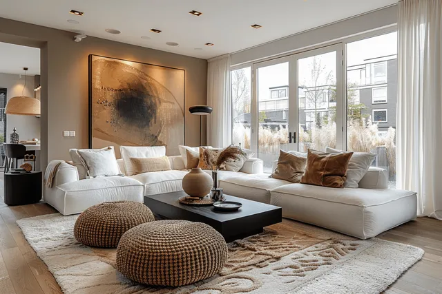 Sunlit modern living room with white L-shaped sofa, black coffee table, knitted ottomans