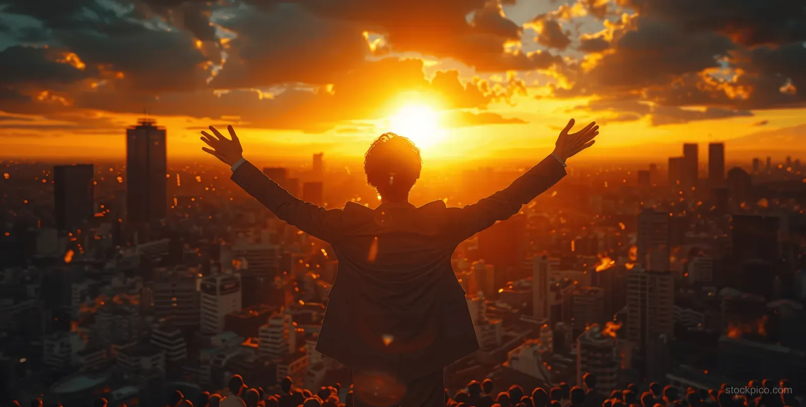 Silhouetted person stands with arms raised over a city skyline during a glowing sunset.