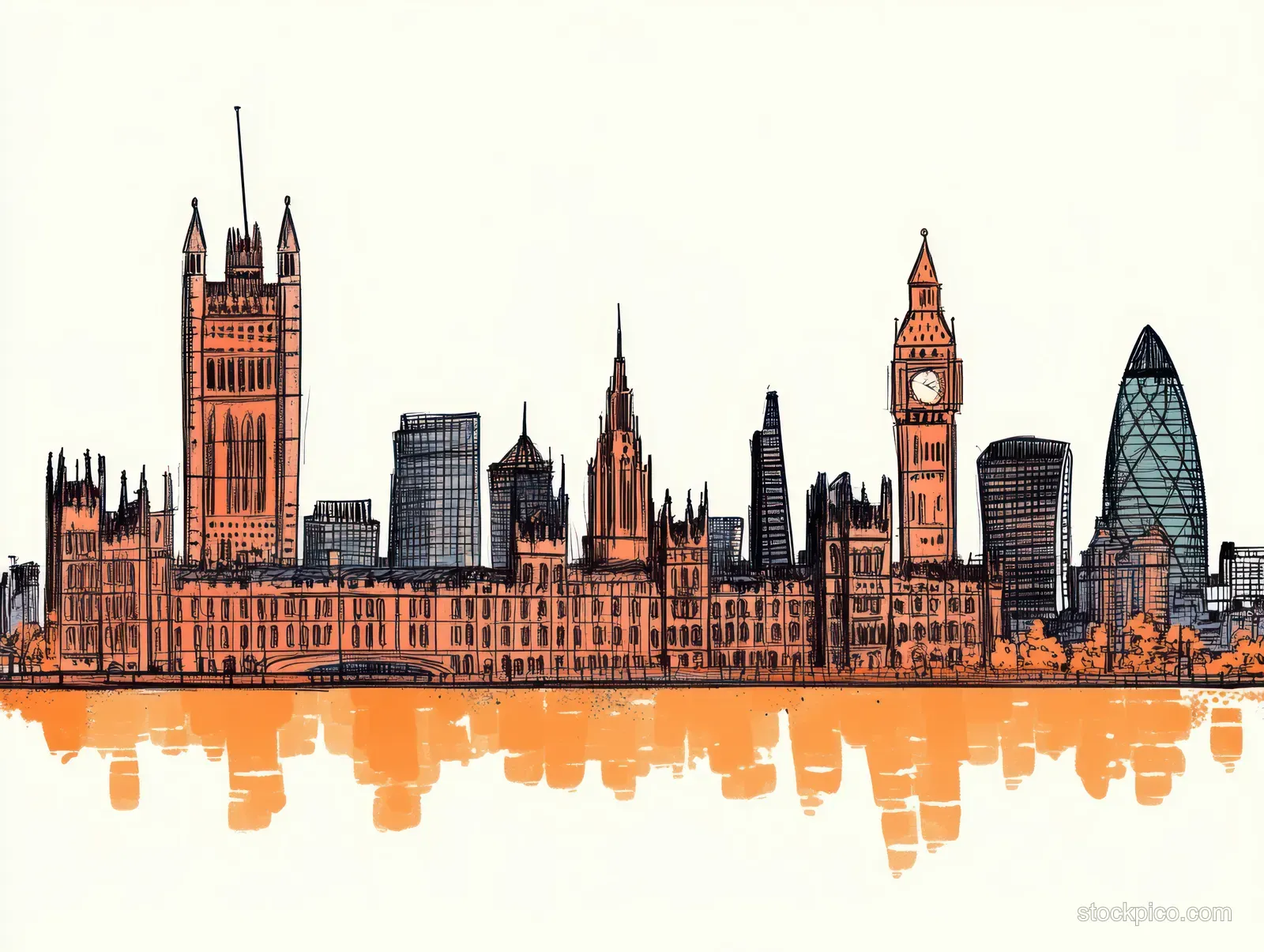 Hand-drawn skyline sketch with clock tower and other high-rises reflected in orange water.