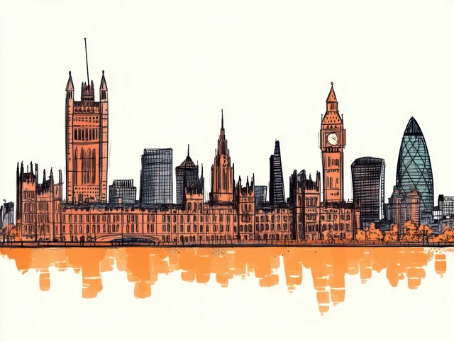 Hand-drawn skyline sketch with clock tower and other high-rises reflected in orange water.