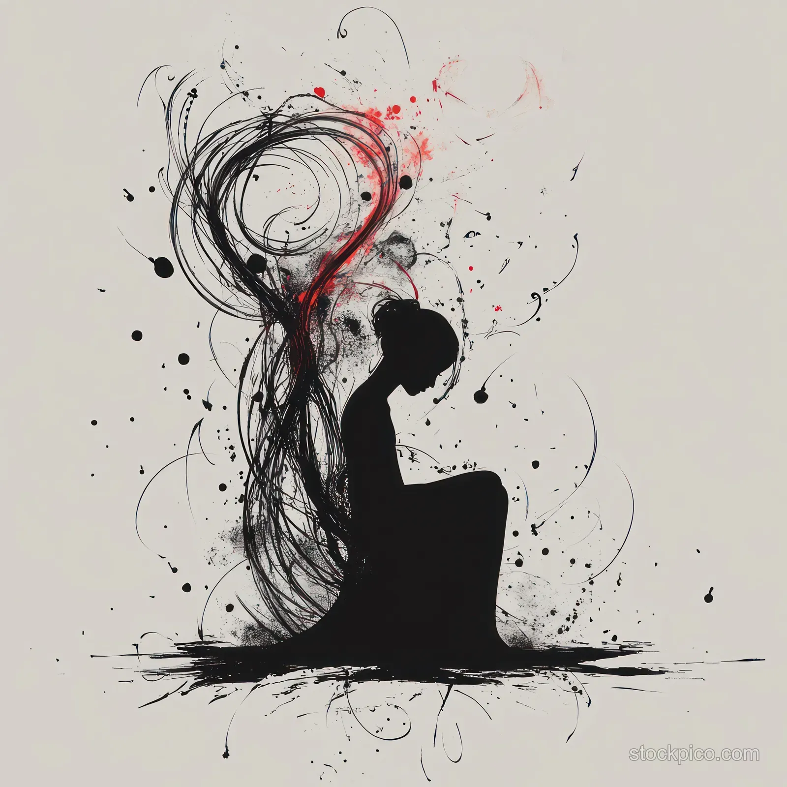 A seated silhouette surrounded by swirling black ink lines and red ink splatters on a textured background.