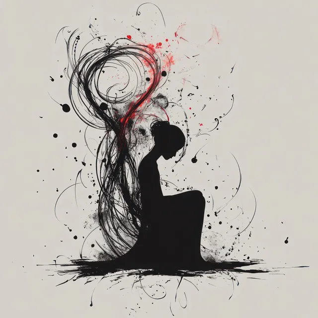 A seated silhouette surrounded by swirling black ink lines and red ink splatters on a textured background.
