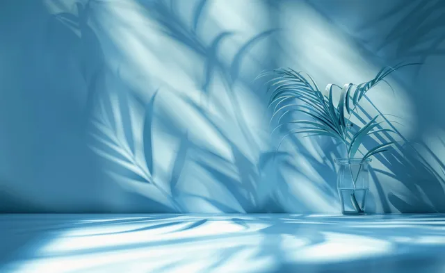 Soft blue interior wall with palm leaf shadows stretching across a clean empty surface