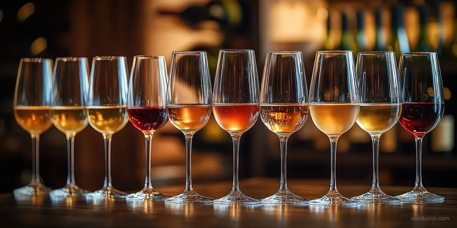 A row of wine glasses filled with white, red, and rose wine on a wooden bar with warm blurred lights in back.