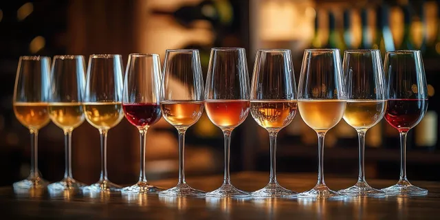 A row of wine glasses filled with white, red, and rose wine on a wooden bar with warm blurred lights in back.