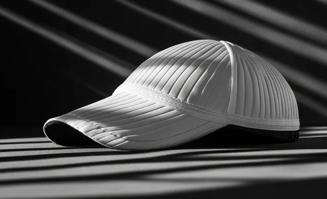 Black-and-white swim cap mockup in side view on striped studio background