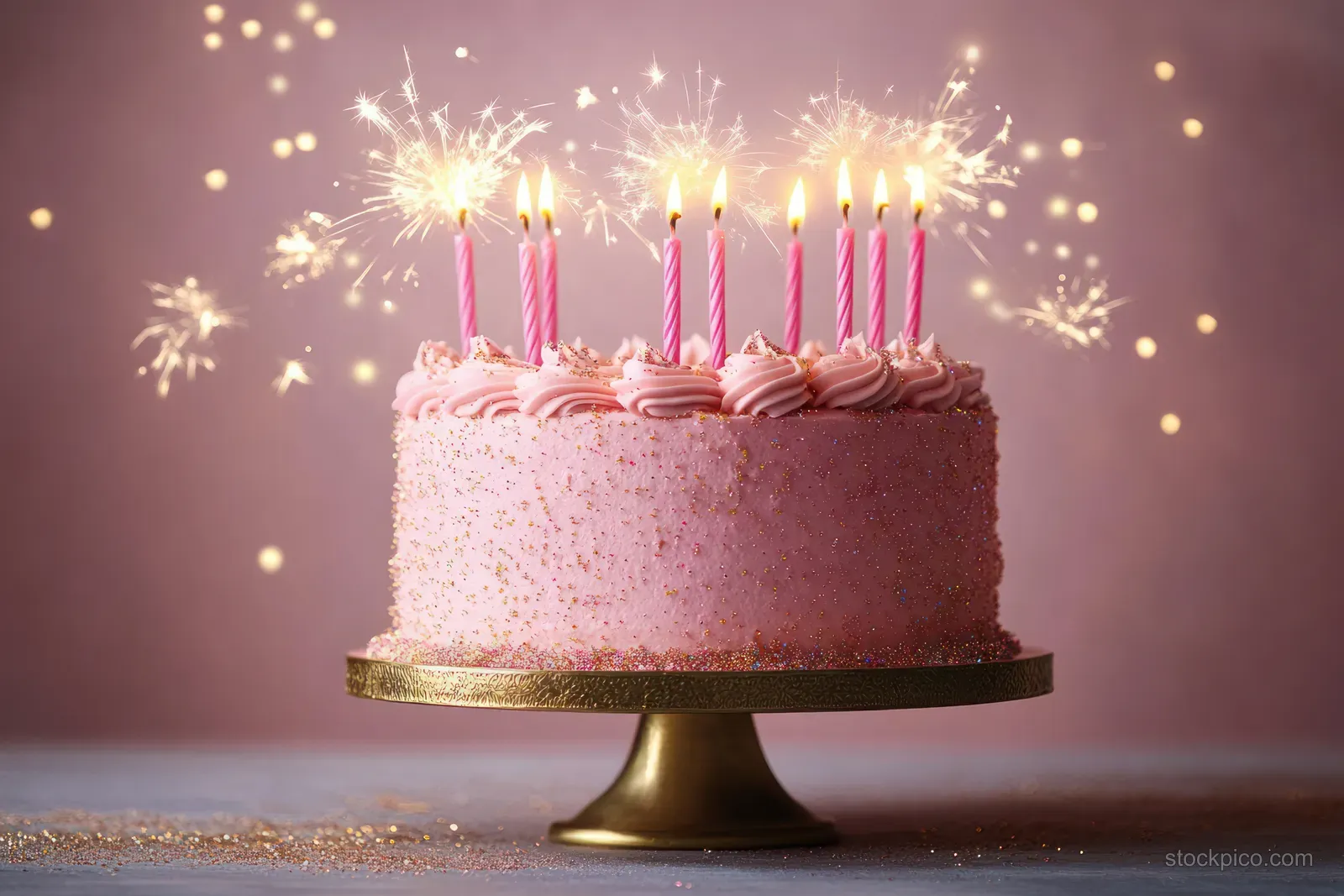 Pink birthday cake on a golden stand with glowing candles and sparklers against a soft pink background.