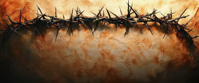 Crown of thorns laid on aged parchment, blood stains and dramatic chiaroscuro lighting