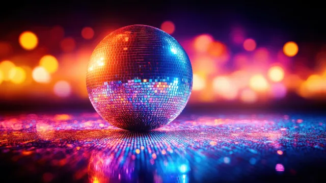 Colorful disco ball reflecting rainbow lights on a glittery nightclub floor with blurred stage bokeh behind it.