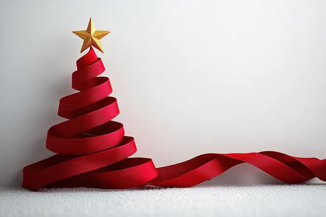 A minimalist red ribbon Christmas tree with a golden star topper lies on a pale background with soft ambient light.