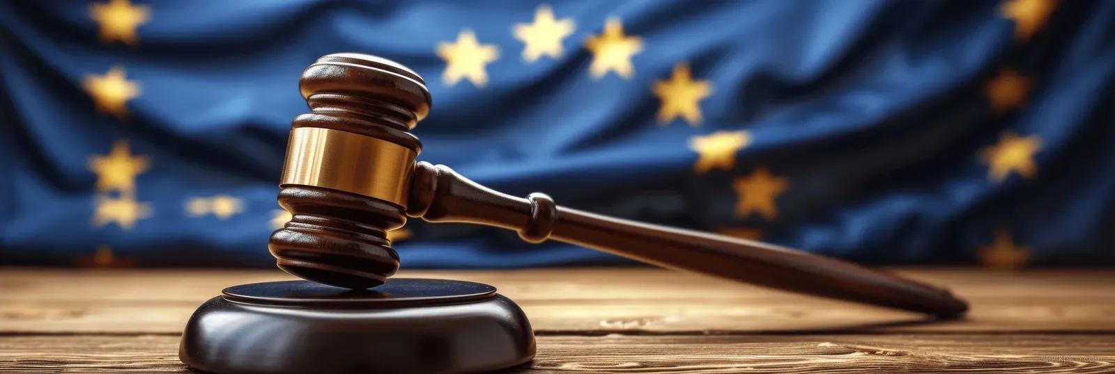 Judge gavel on a wooden table with the European Union flag blurred in the background.