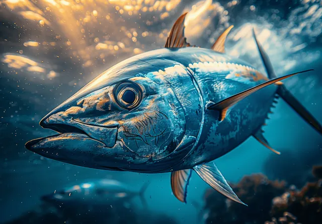 Bluefin tuna swimming underwater in deep blue ocean with sunlit particles