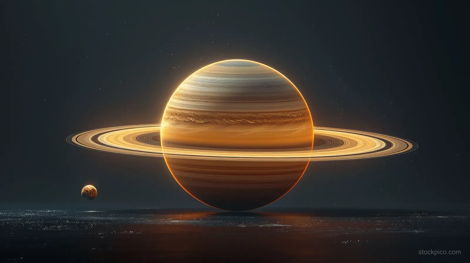Saturn with luminous rings hovers in darkness with a small distant moon-like object.