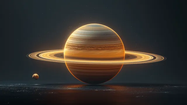 Saturn with luminous rings hovers in darkness with a small distant moon-like object.