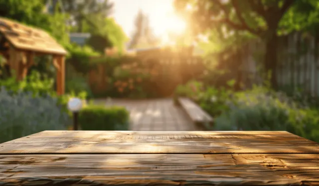 A wooden table in a sunlit garden patio with blurred greenery, hedges, and flowers in the background.