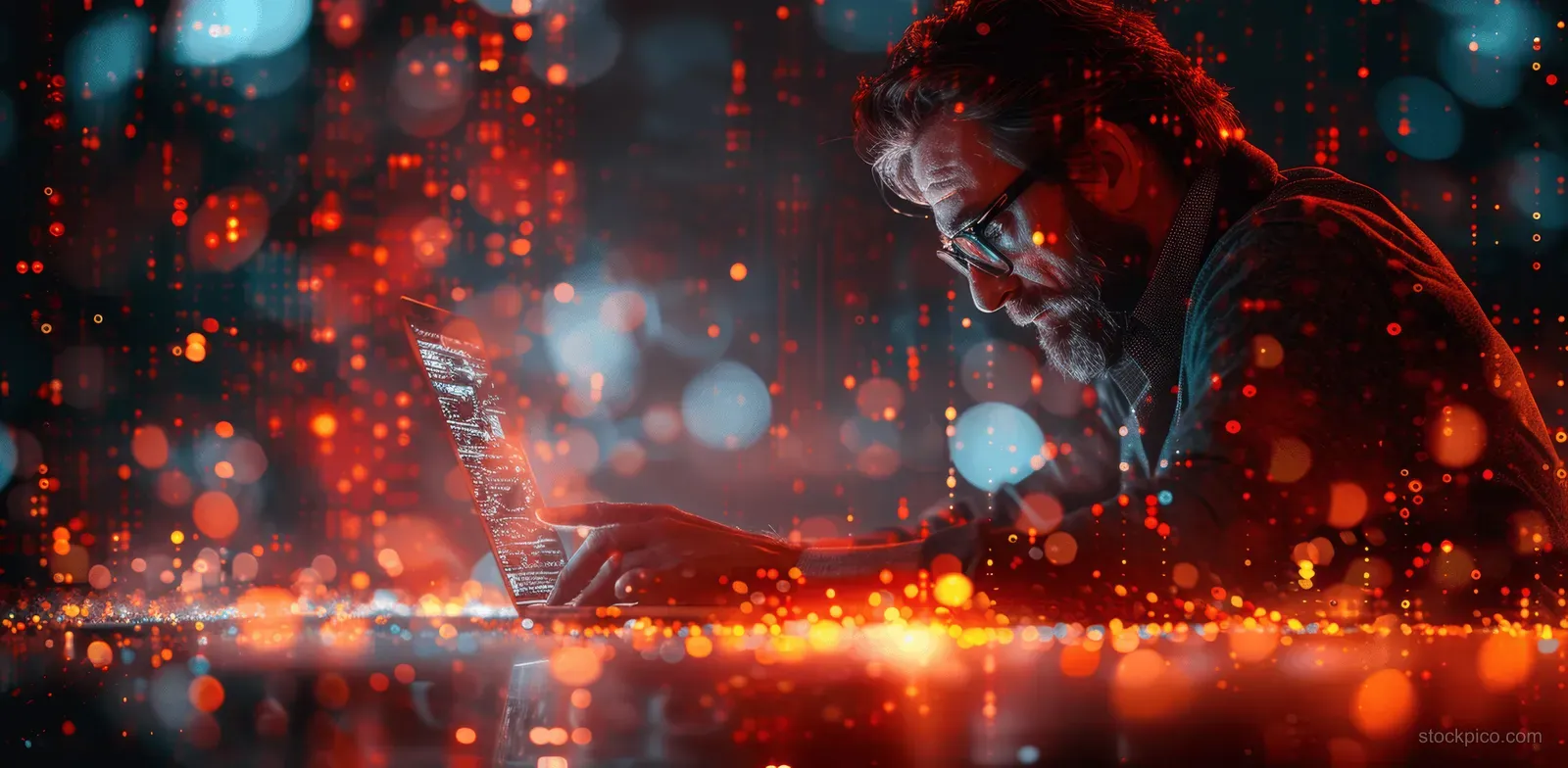An IT technician works on a laptop with glowing network lights behind them in a cyber-tech scene.