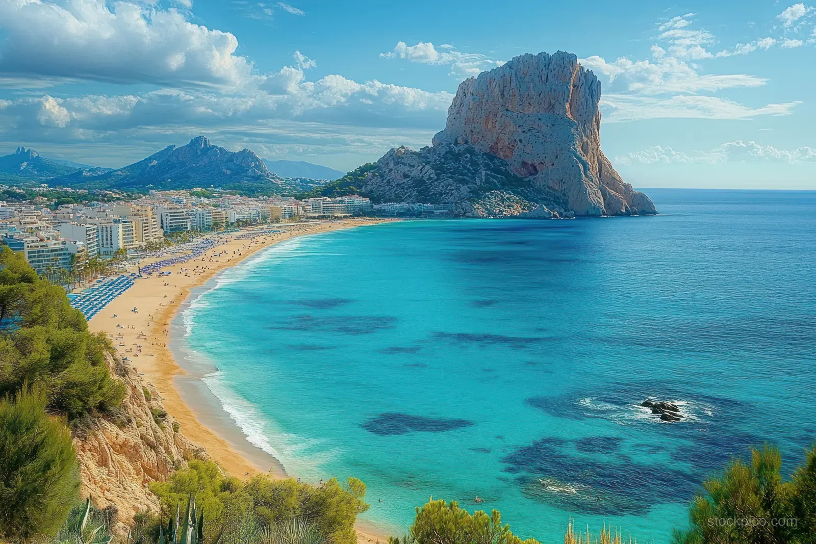 Aerial view of a sandy beach with turquoise water beside a rocky outcrop and distant mountains under partly cloudy skies.