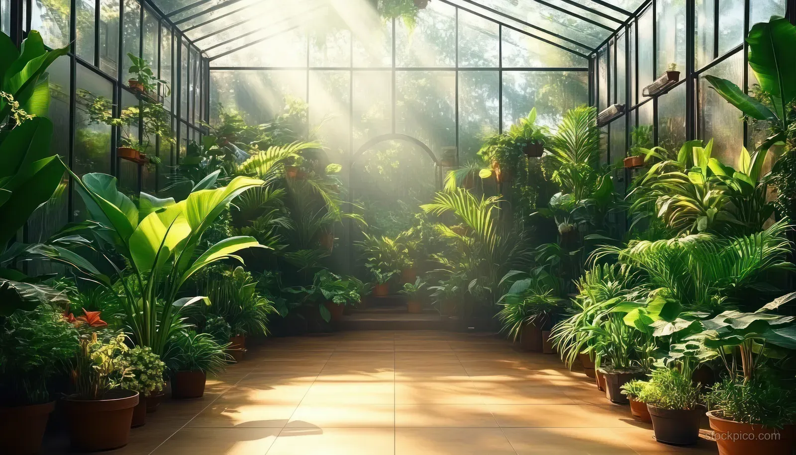 Indoor greenhouse walkway lined with potted tropical plants as warm sunlight shines through glass panels.