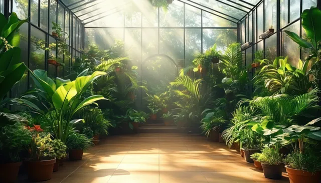 Indoor greenhouse walkway lined with potted tropical plants as warm sunlight shines through glass panels.