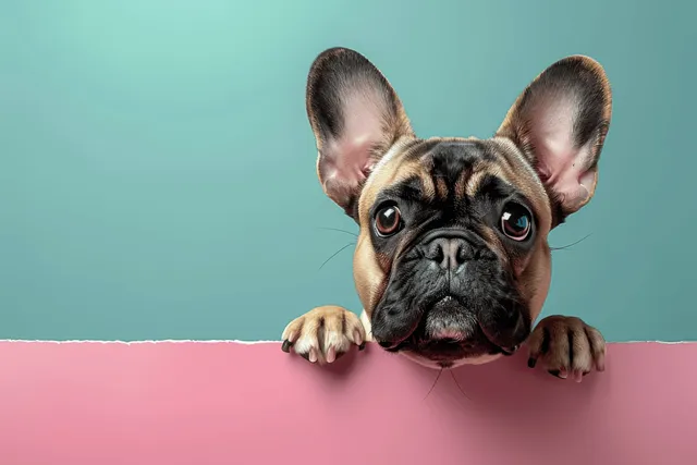 French bulldog peeking over a pastel pink ledge with a teal minimal background.