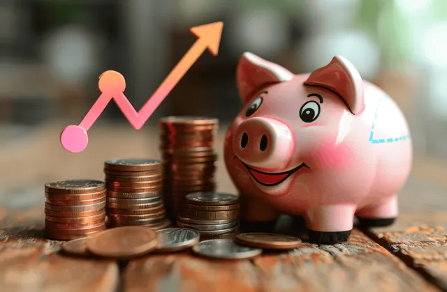 Pink piggy bank with stacked coins and rising arrow on wooden table background