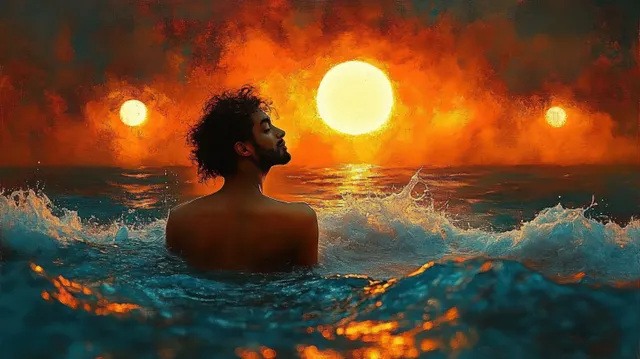 Curly-haired man floats in ocean waves at sunset with three glowing suns reflecting on the water.