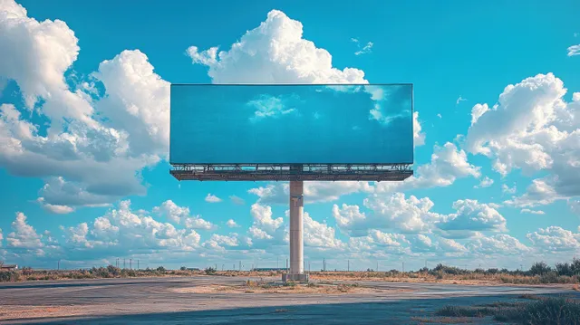 Empty billboard standing on open road with bright blue sky and soft clouds