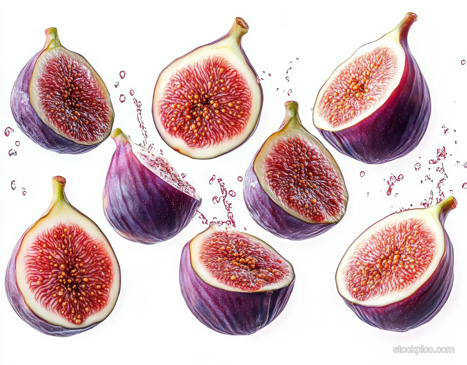 Multiple halved purple figs showing red interiors and seeds arranged on a clean white background.