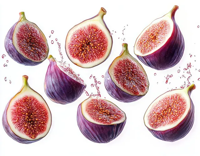 Multiple halved purple figs showing red interiors and seeds arranged on a clean white background.