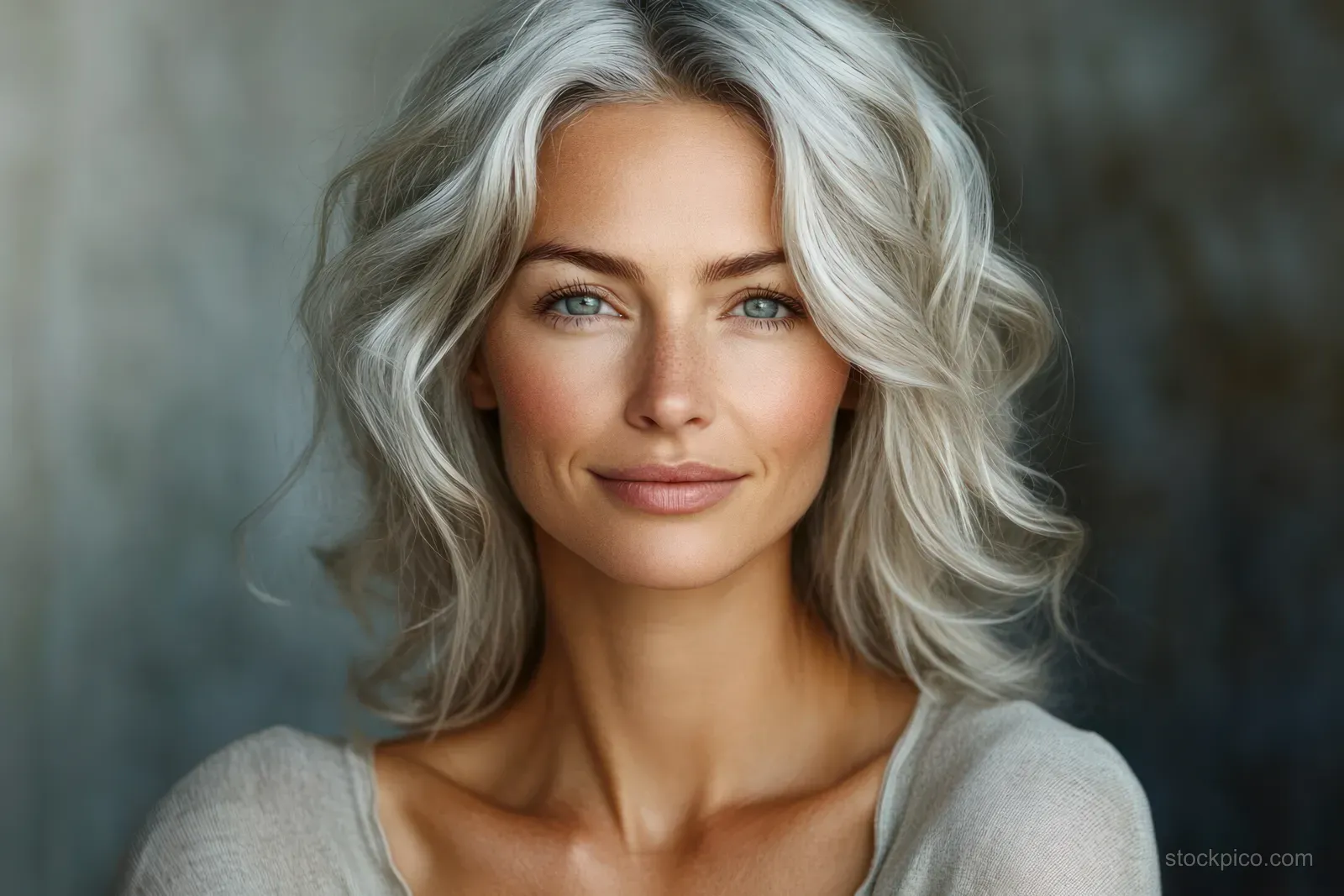 A mature woman with silver hair smiles softly in natural light against a dark background.
